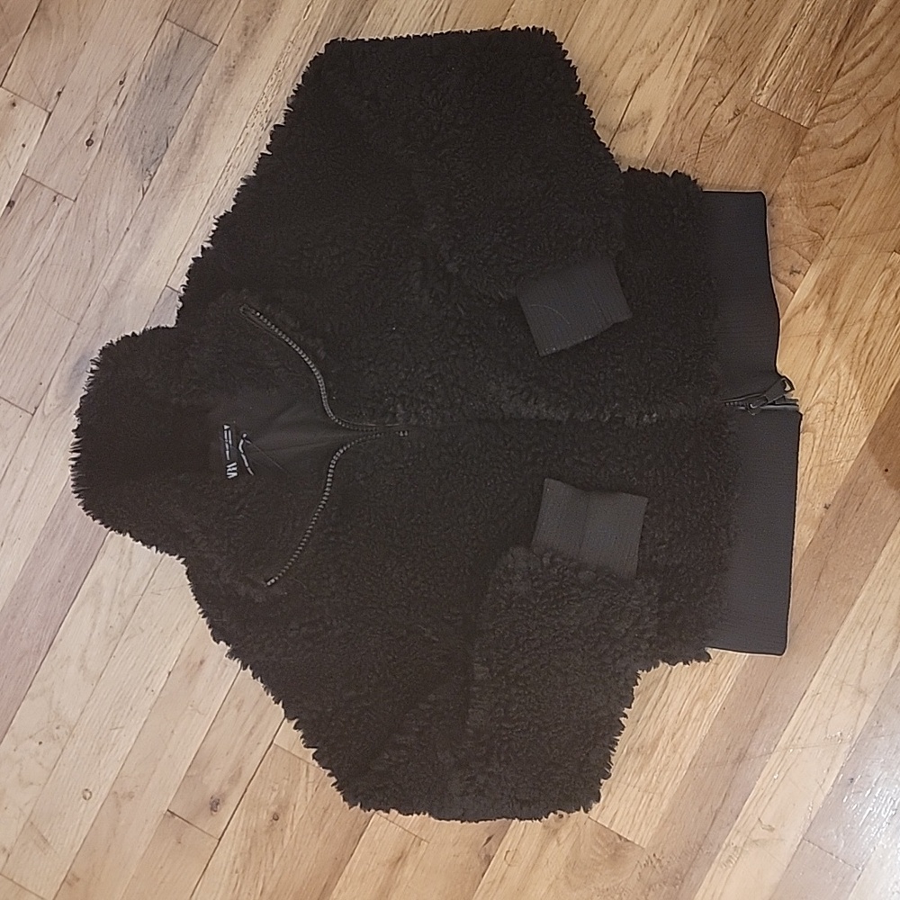 Zara - Black Teddy Fluffy Fleece Faux Fur Bomber Jacket (X Small)
